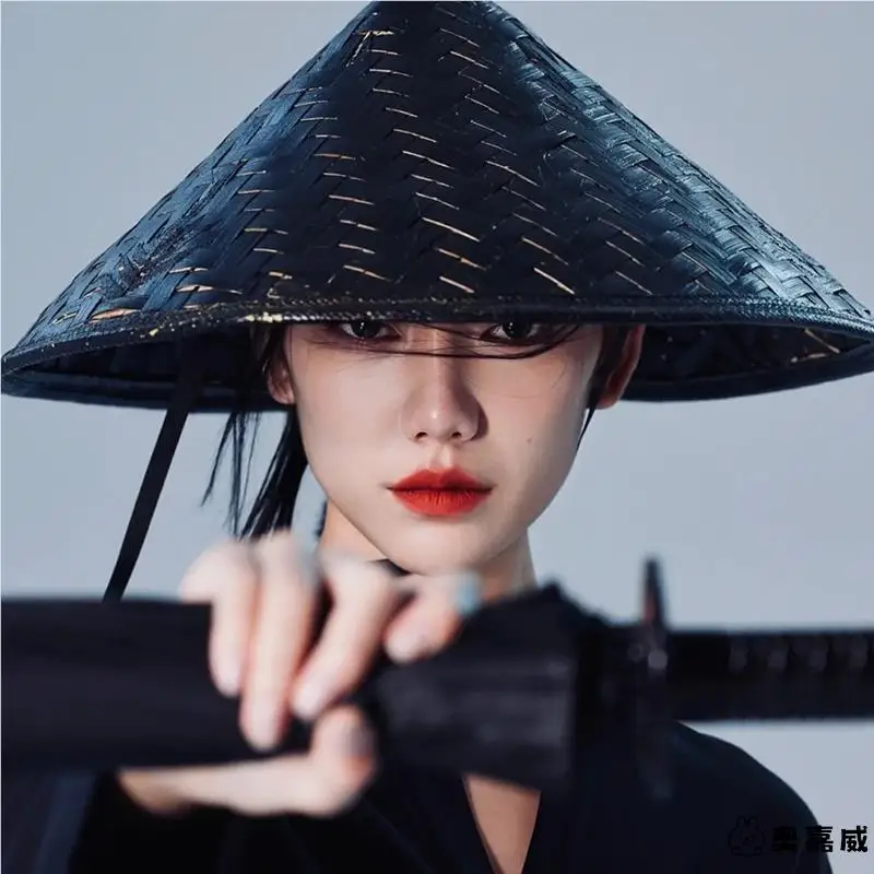Black Bamboo Woven Hat Stage Performance Unisex Traditional Chinese Style Large Brim Straw Hat for Men And Women