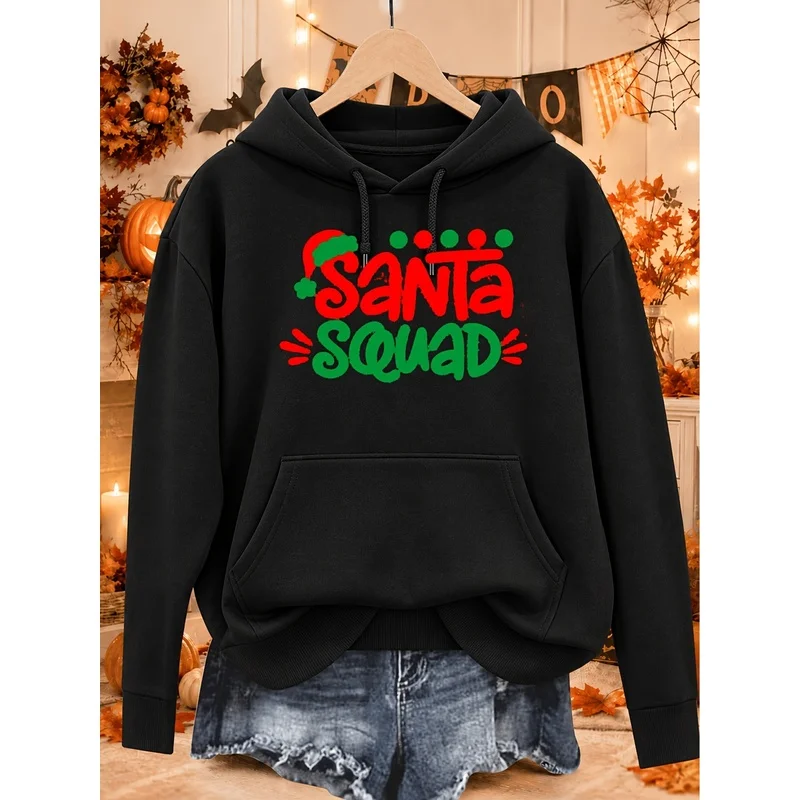 Christmas women's hooded sweatshirt，Red and green letter print pattern，Autumn and winter loose-fitting casual hoodies