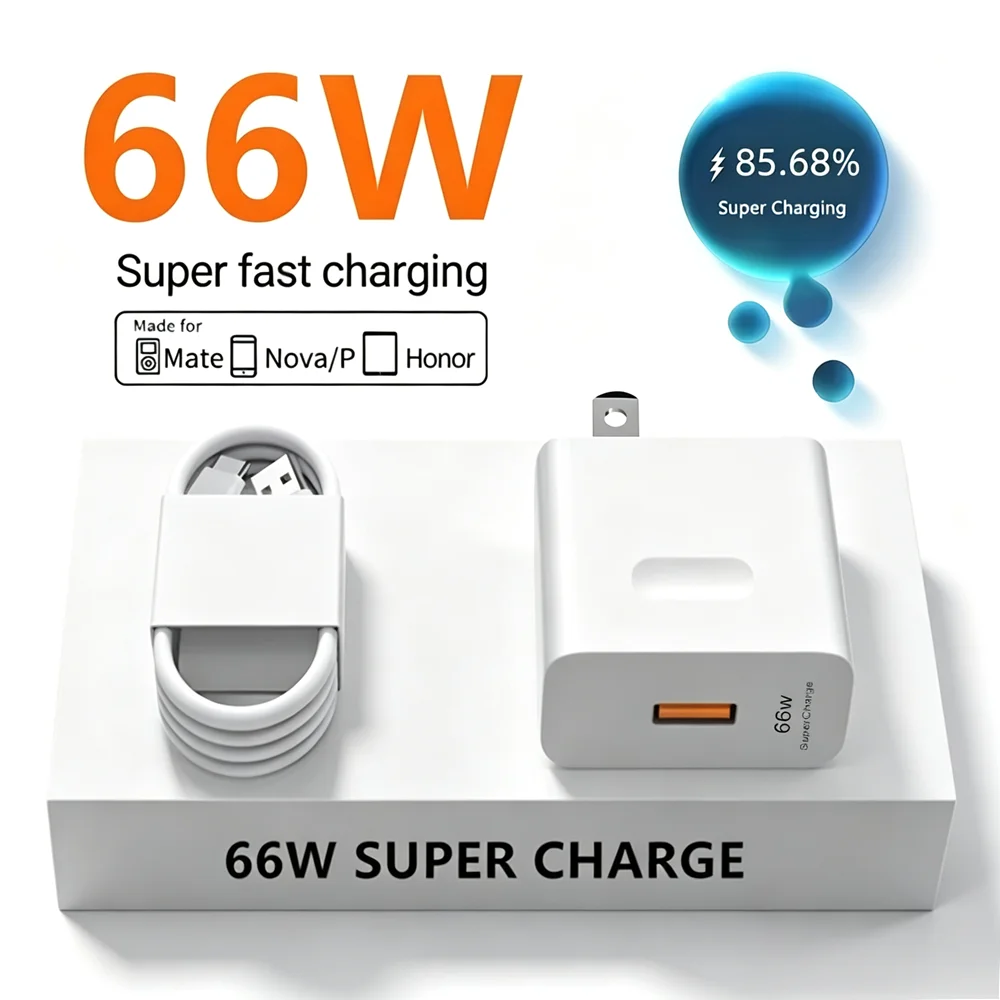 US Plug 66W 6A Super Fast Charger For Huawei Mate 40 50 60 P50 Nova 10 11 12 Honor 90 100 X7 X8b X9 Magic 3 4 5 Type C USB Cable