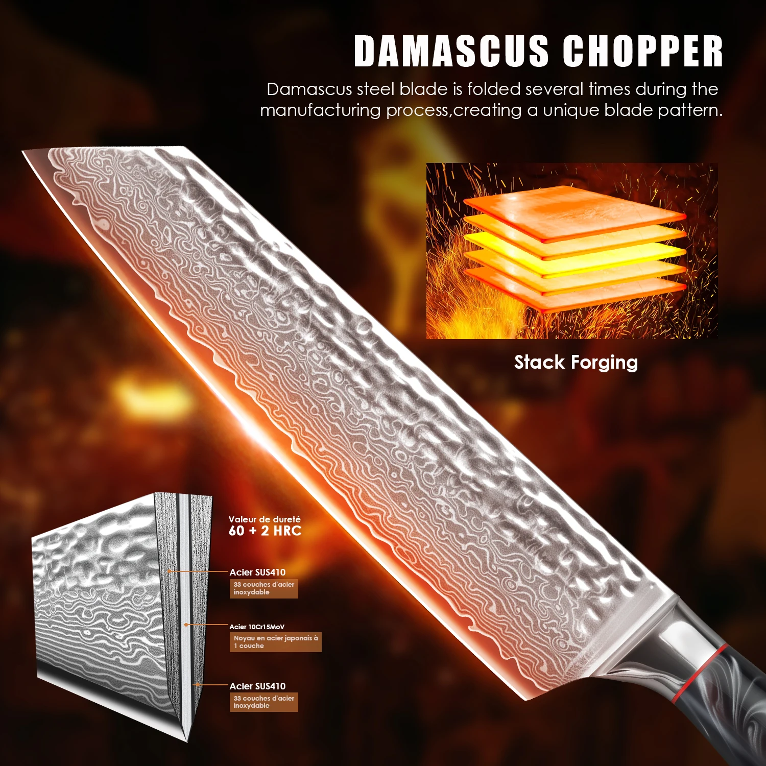 SIAZIH Damastmesser Set, 3-teiliges Messerset aus umweltfreundlichem & nachhaltigem 67 Schichten VG10 Damaststahl mit G10 Griff,Verarbeiten Sie mühelos eine Vielzahl von Zutaten, darunter Fleisch, Gemüse und Obst. – Detail 4