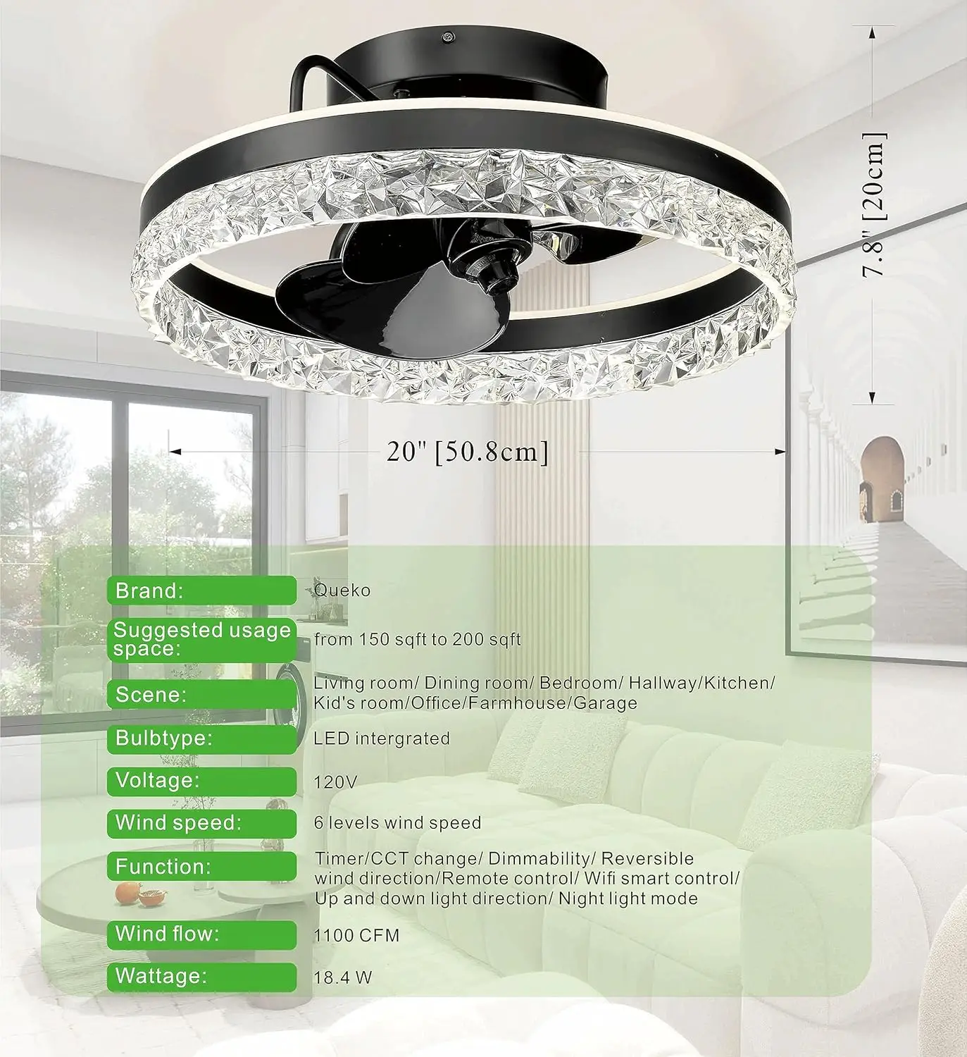 Moderner Decken ventilator mit niedrigem Profil und Licht 19.7 ",3 Farben cct veränderbares LED-Licht, 6-Gang-Luftstrom einstellbar, Smart App C-Lüfter