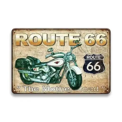 

Route 66 Motorcycle Tin Sign Vintage Americana Man Cave Decor
