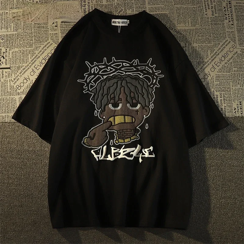 Camiseta de manga corta estilo Retro Hiphop Pixel dibujos animados para hombres y mujeres Ins verano suelta High Street pareja Top Y2k gótico