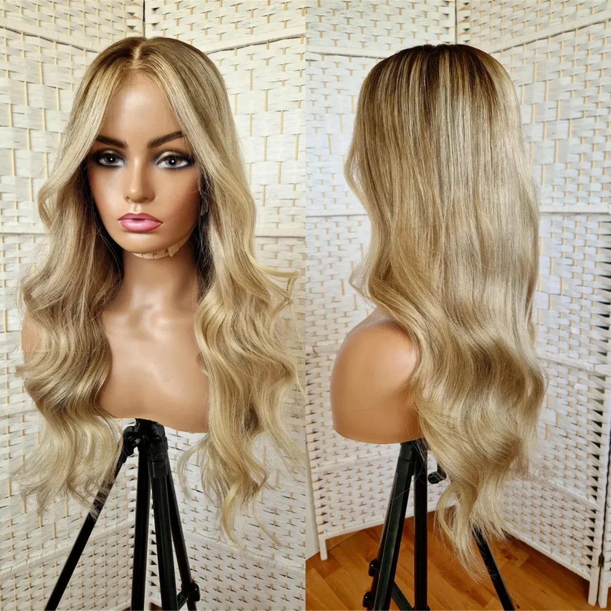 

Ежедневный синтетический парик с натуральным теплым блондом, высококачественный, с темными корнями, свободными волнами, балаяж, реалистичная линия роста волос, распродажа