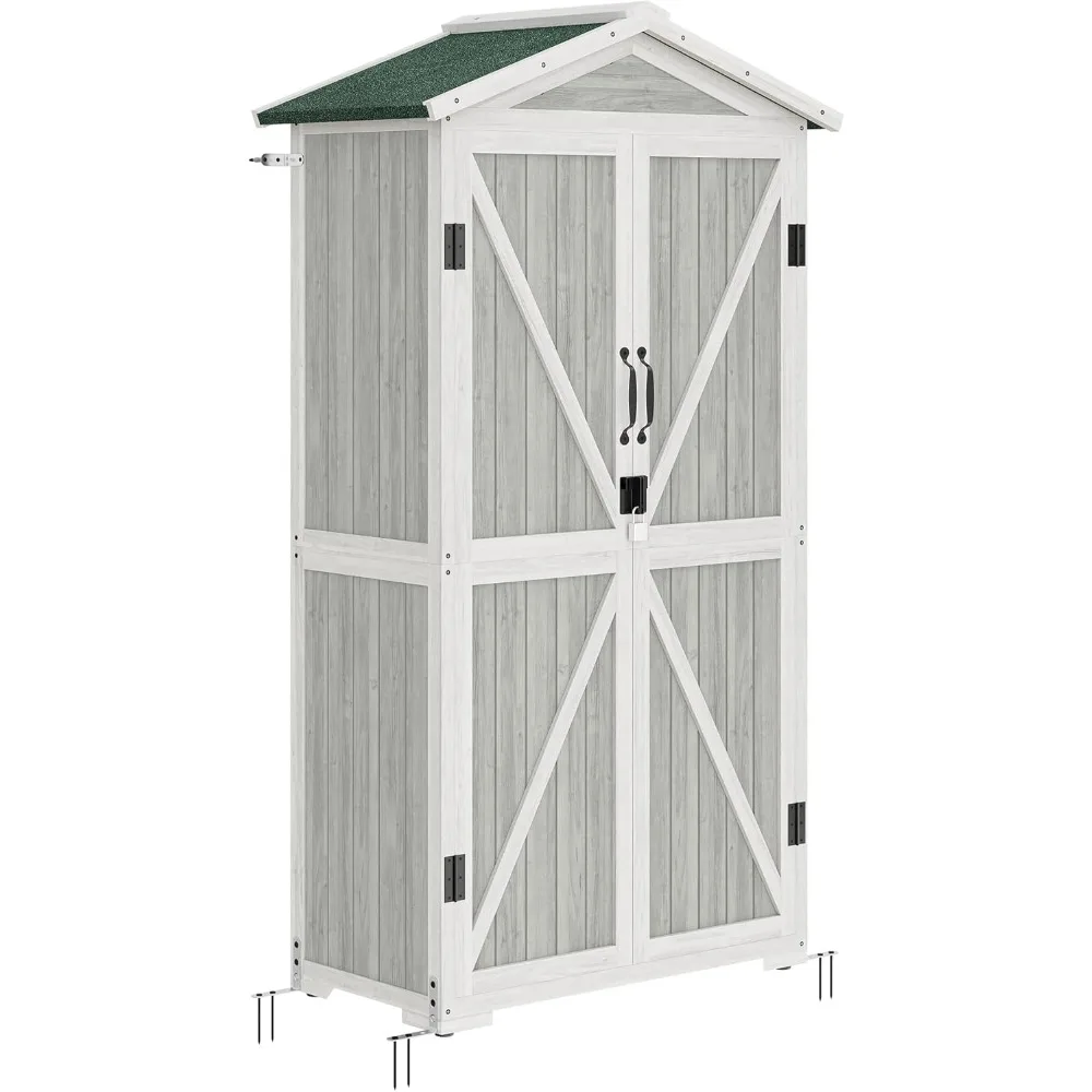 Outdoor Storage Cabinet with 4 Removeable Shelves, Wooden Garden Tall Storage Shed Lockable Tool Storage Cabinet