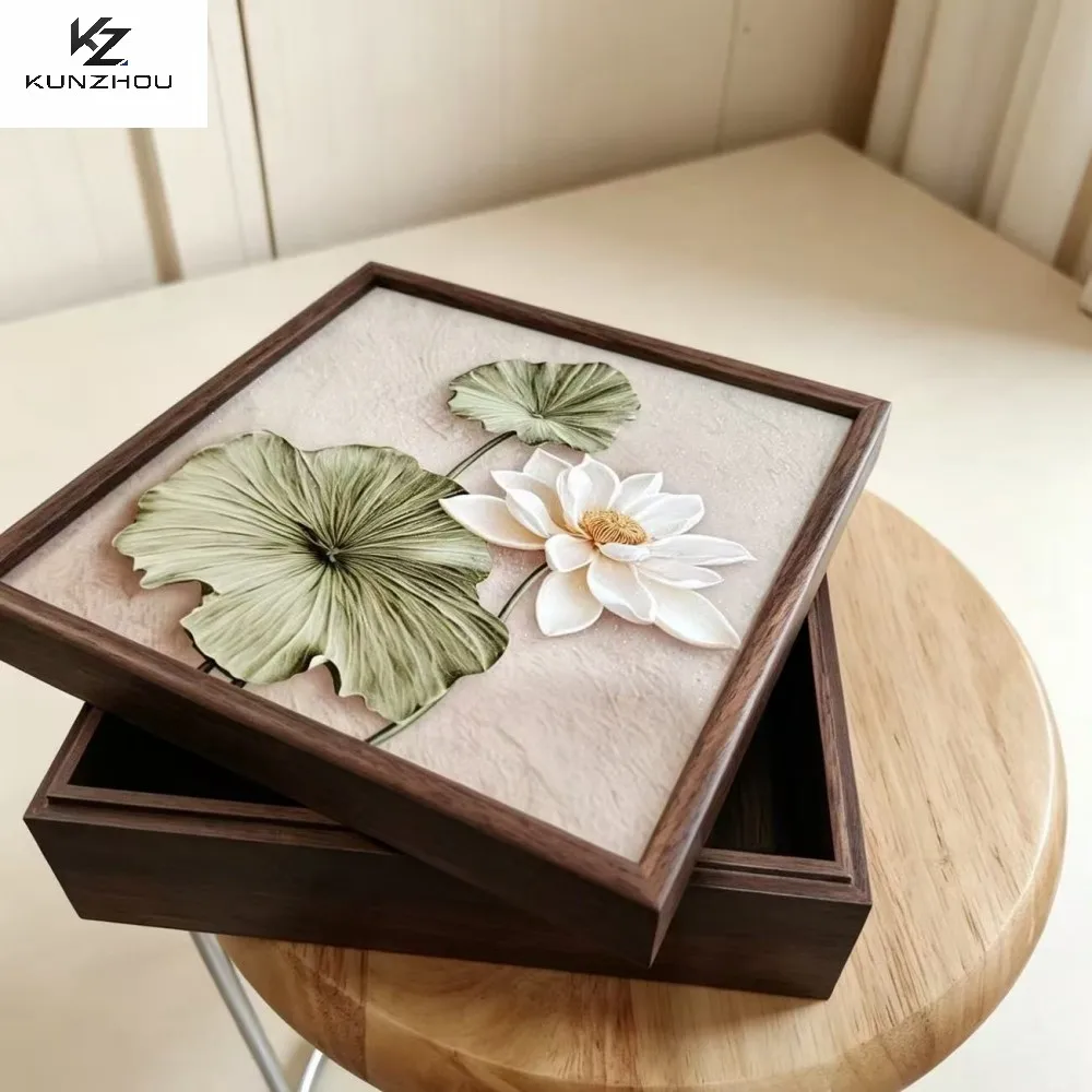 Retro jewelry box, frosted spun fabric pattern, wooden desktop, Chinese style storage, organization and storage