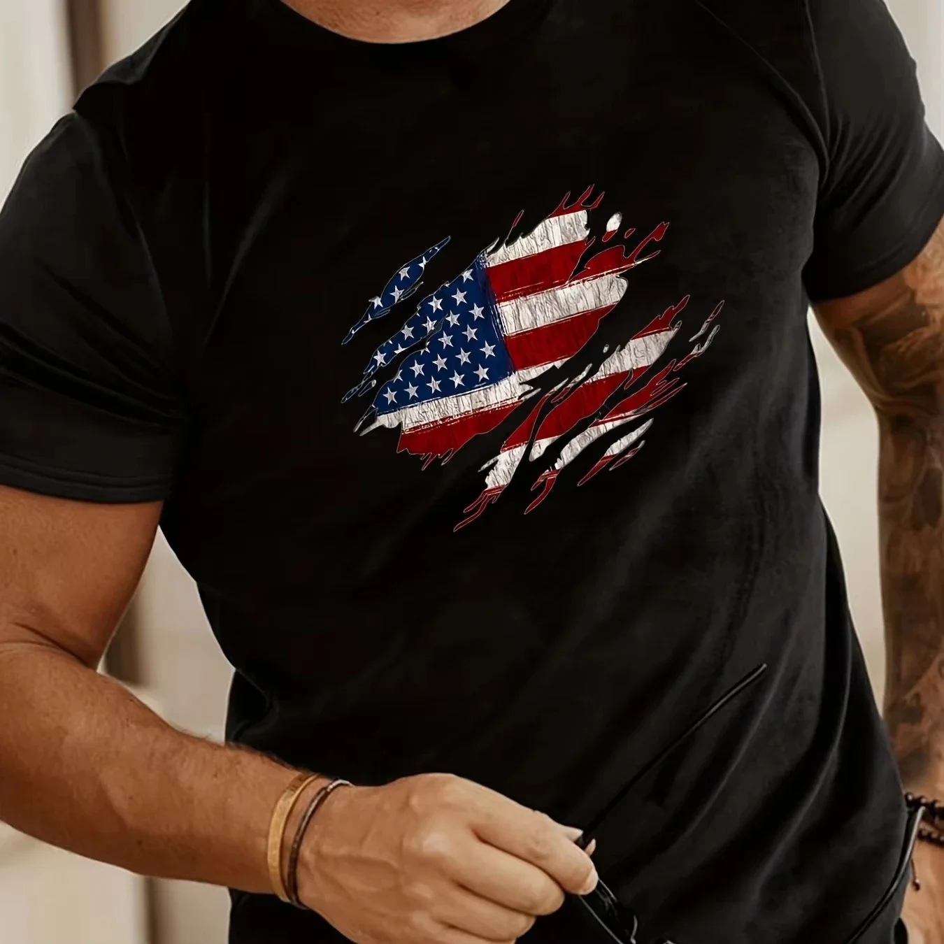 Modisches Herren-Sommer-T-Shirt mit Trendigem Amerikanischem Flaggenmuster, Rundhals, Kurzarm-Oberteil im Street-Style