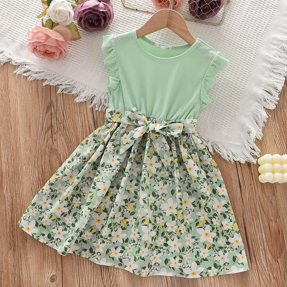 Summer Girls Floral Dresses New Fashion Sweet Kids Flowers Patchwork Dress Vestidos Children Clothing 4-7 Years