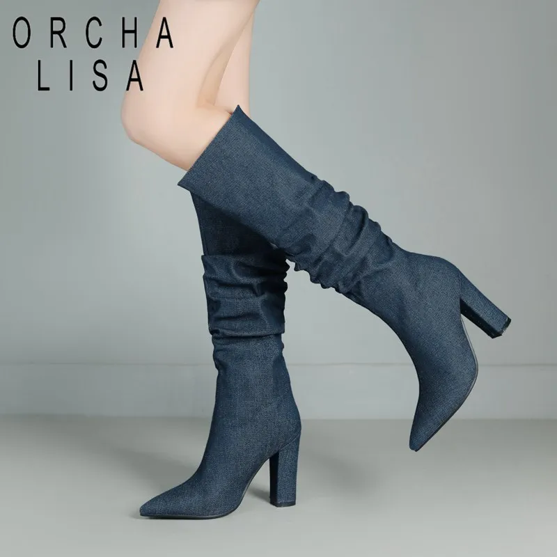 

ORCHA LISA Denim Female Knee High Boots Block Heels 10cm Pleated Large Size 41 42 43 Casual Dating Women Long Bota 33