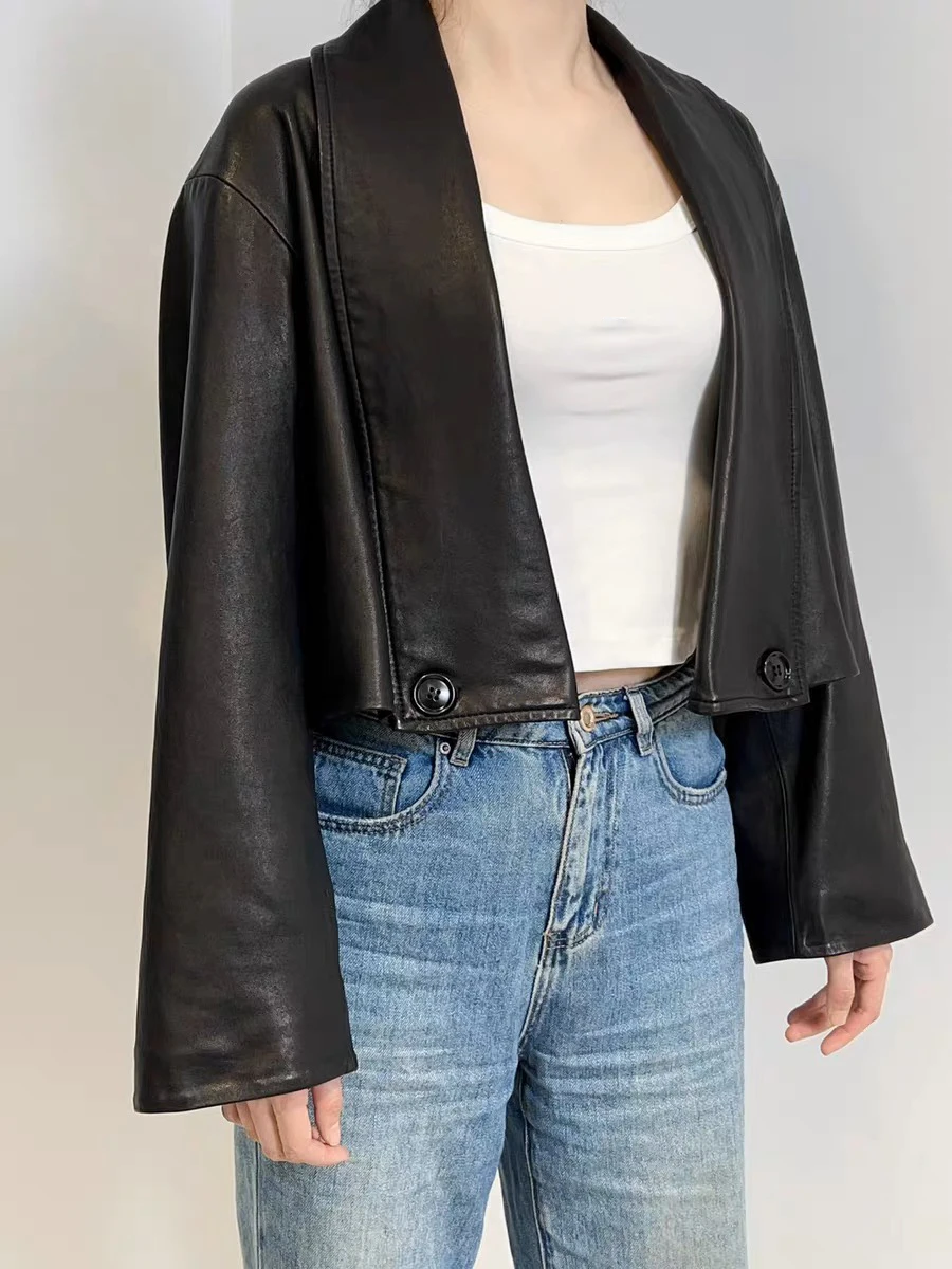 Abbigliamento in vera pelle per donna Cappotto corto con silhouette bavero Giacca da donna con palloncino in vera pelle di pecora Bomber Femme