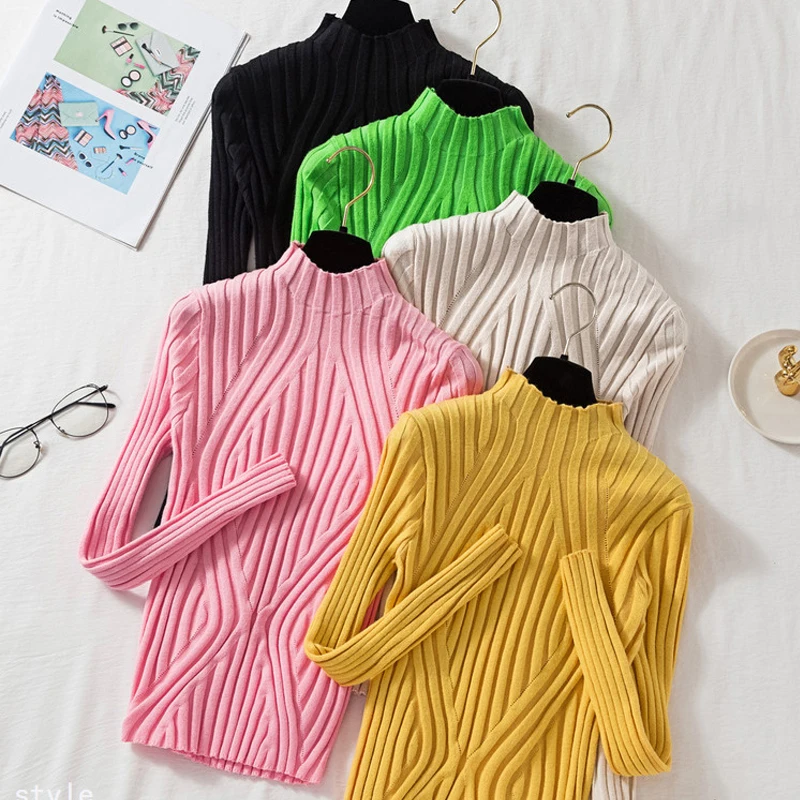 Minimalist Basic half High Neck Knitted Women's Base Sweater Autumn Winter Korean Slim Fit Solid Color lady Pullover Sweater 237