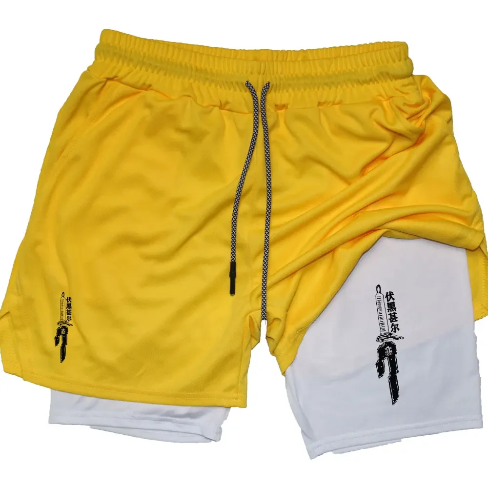 Anime Performance Shorts Men GYM Casual Sports Summer Compression Shorts Workout Running Mesh 2 In 1 Sport Short Pants