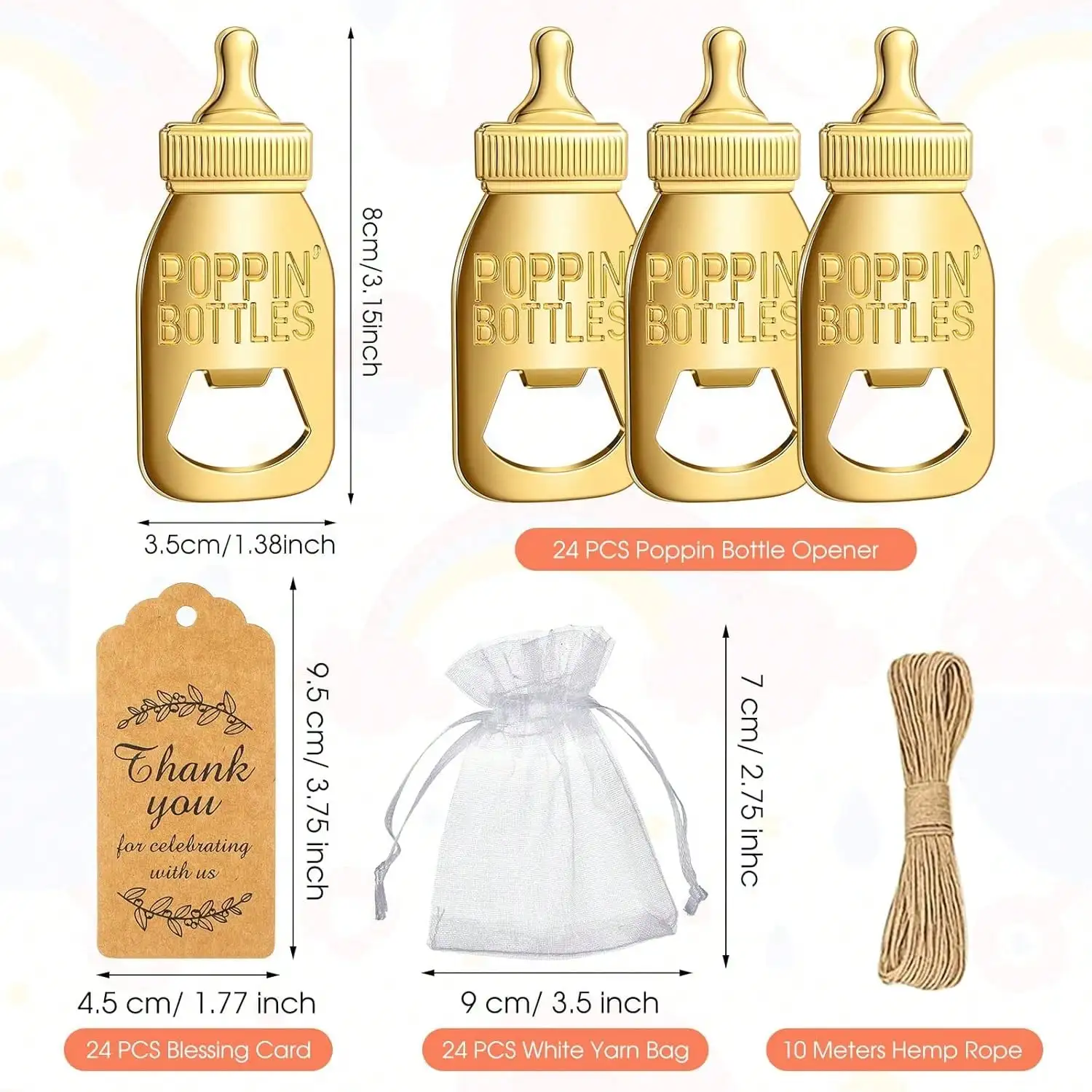 24Pcs Popping Bottle‑Shaped Bottle Opener Party Favor Set, Souvenir Decor Kit With Organza Gift Bags, Thank You Paper Tags & Hemp Rope, Practical Theme Party Return Gifts For Guest Party Supply
