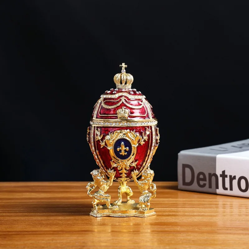 Easter Egg Jewelry Box Three Lions Top Pillar Crown Easter Lion Egg Jewelry Box Enamel Craft Ornament
