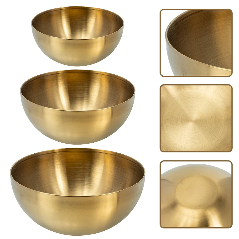 

3 Pcs Salad Bowl Set 15cm 20cm 25cm Golden Stainless Steel Kitchen Fruit Snack Dessert Reusable Food Serving Bowls Mixing Home