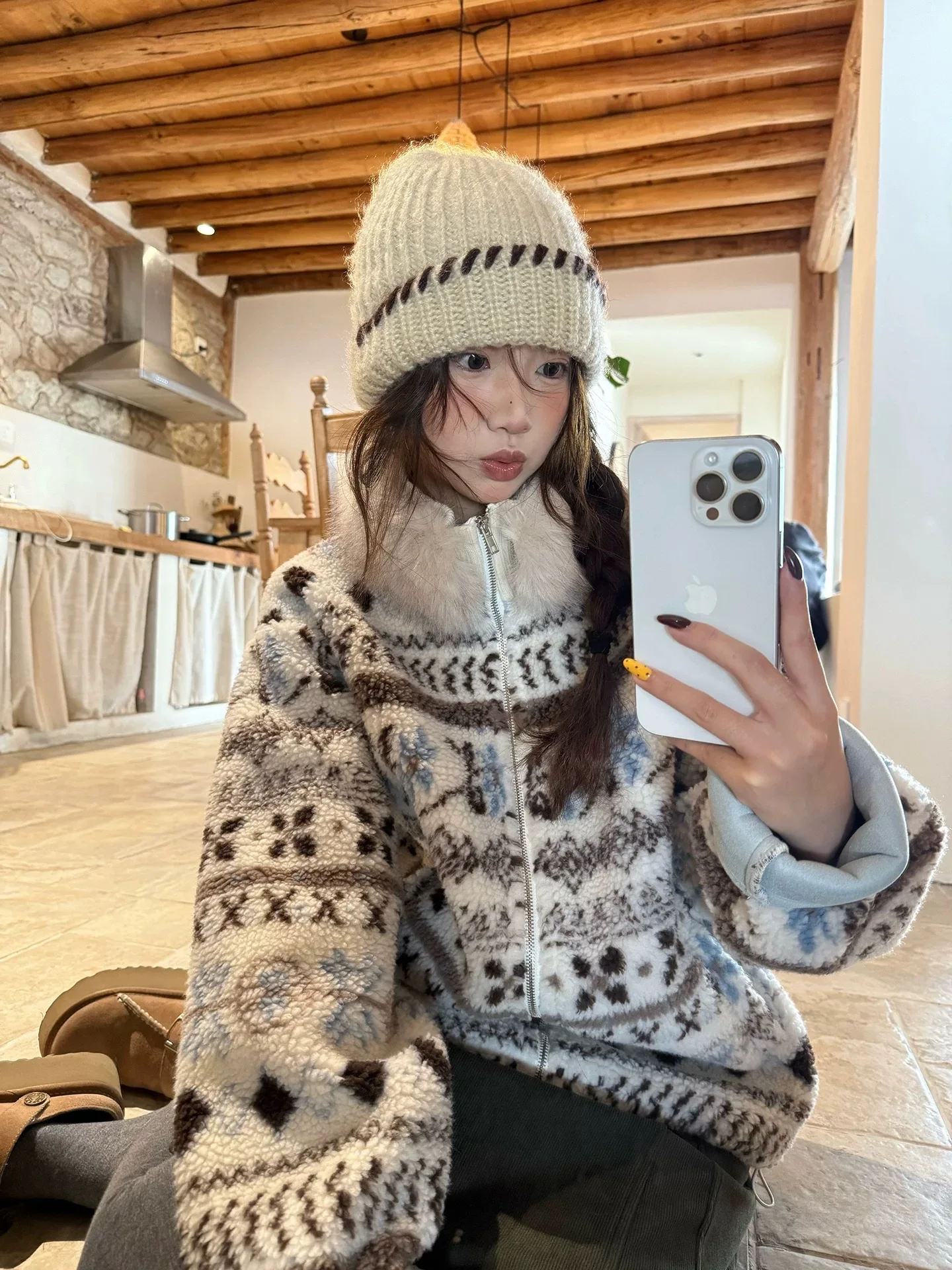 

Lamb Wool Jacket Long Women Removable Liner Bright Punk Casual Splicing Winter Trendy Hooded Plain Ruffles Pearl Art Silver