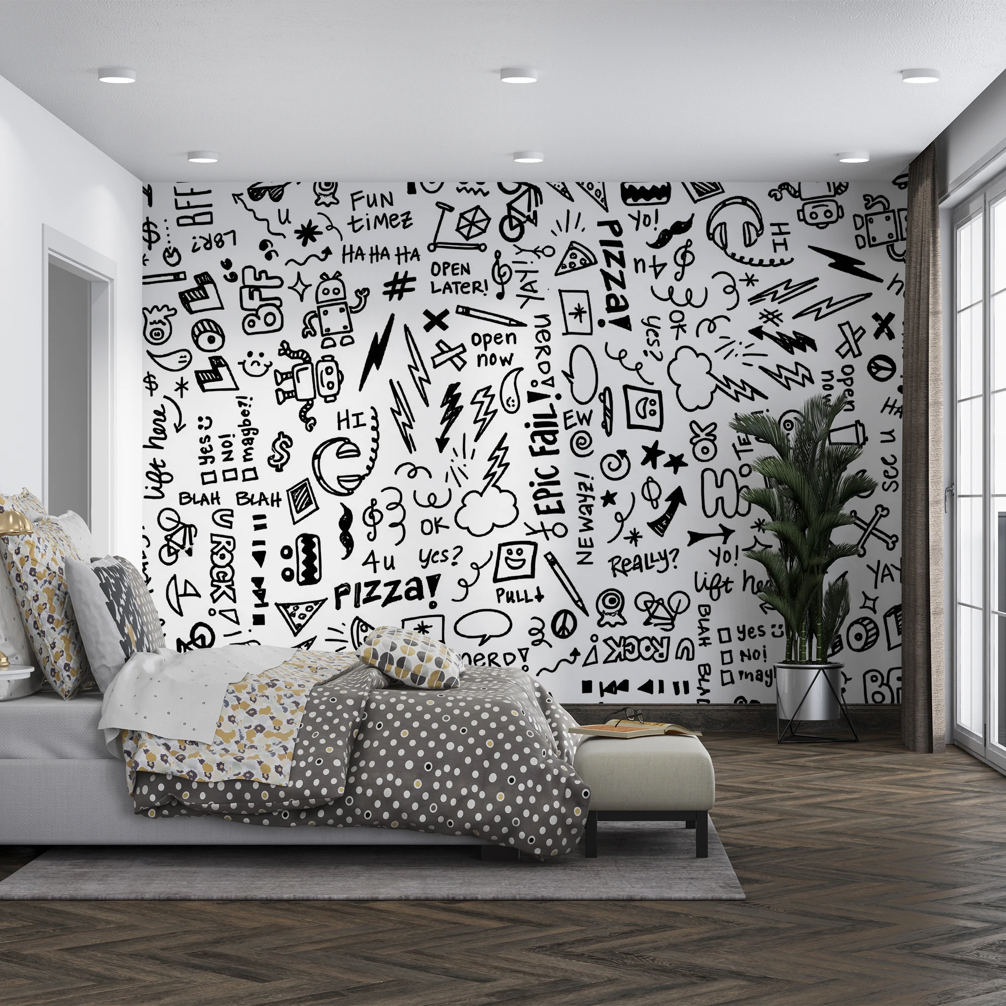 Milofi Custom Mural Wallpaper Black White Doodle Graffiti Seamless Pattern Cartoon Fun Kids Teen Boys Bedroom Wall Decor Papel