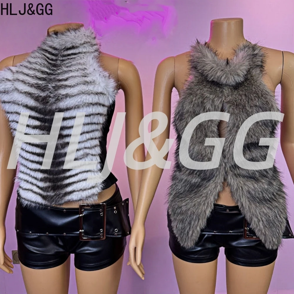 

HLJ&GG Fashion Fur Patchwork Halter Crop Top Two Piece Sets Women Sleeveless Backless Top+Leather Shorts Outfits Y2K Streetwear