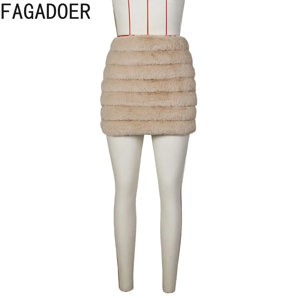 FAGADOER Winter Fur Cotton Filling Mini Skirts Women High Waisted Zipper Slim Bottoms Fashion Female Solid Christmas Clothing