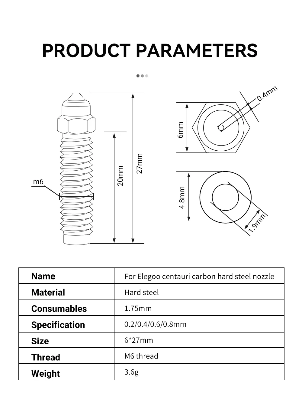 Düsen Kit Für Elegoo Centauri Carbon Gehärtetem Stahl Messing 0,2/0,4/0,6/0,8mm Düsen Für Elegoo Carbon hotend 3D Drucker Teile – Detail 2