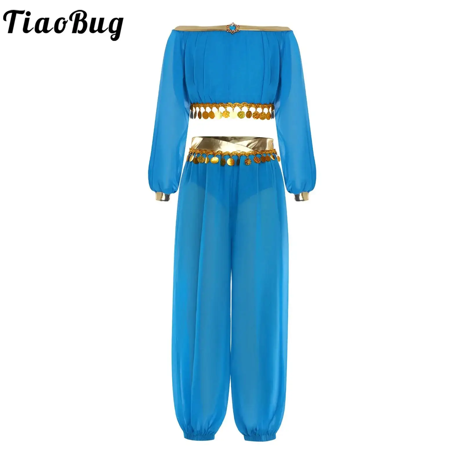 

Girls Halloween Party Arab Princess Costumes Belly Dance Performance Dresses Shiny Sequin Tassels Mesh Crop Tops Pants Dancewear