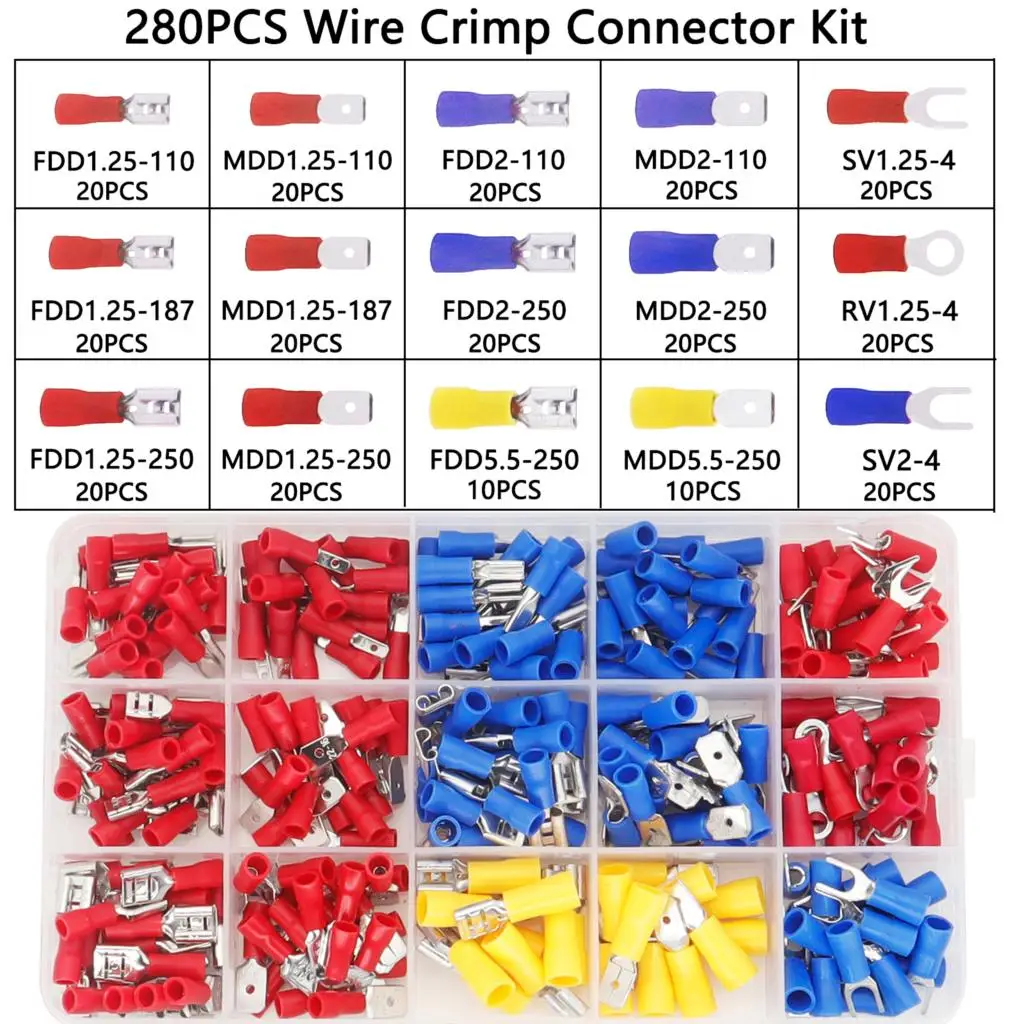 280Pcs/set Insulated Cable Connectors Electrical Wire Crimp Spade Butt Ring Fork Set Ring Lugs Rolled Terminals Assorted Car Kit