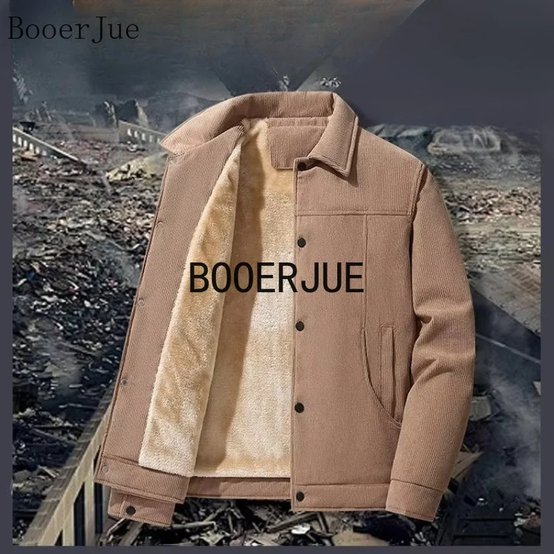 Men's Autumn Winter Corduroy Workwear Cotton Jacket Lapel Collar Fleece Lined Thickened Constant Temperature Warm Outerwear