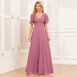 Elegant Double V-Neck Short Sleeve Shiny Chiffon Dress Women's A-Line Fully Lined Dress Best-Selling 2025 New
