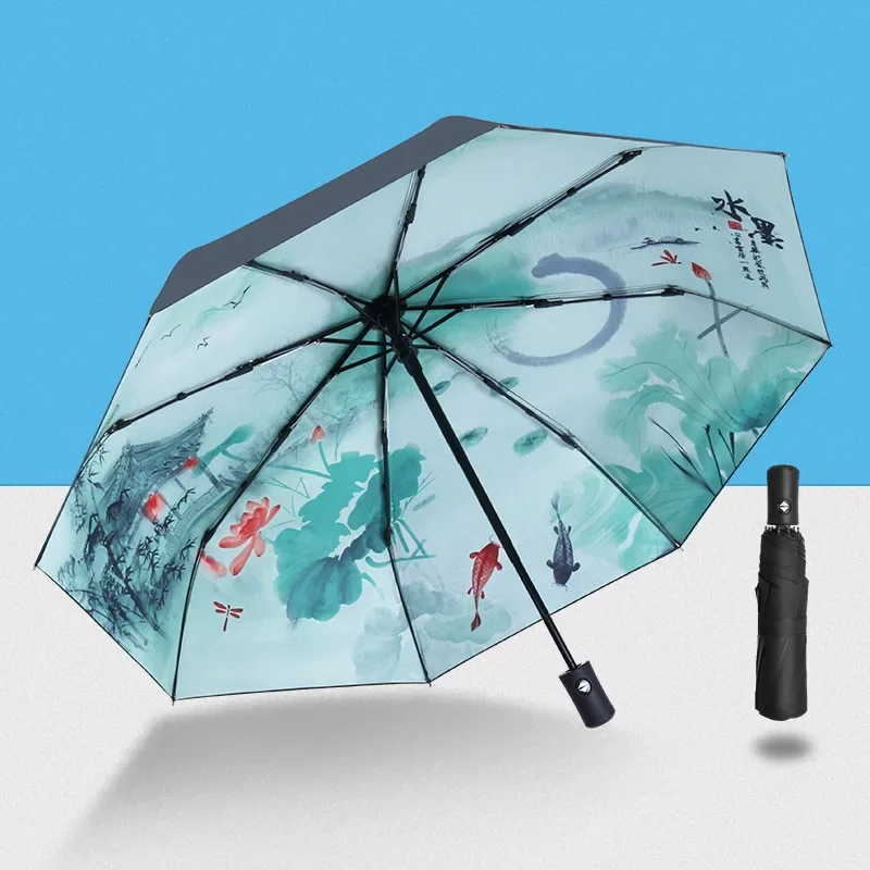 Fully Automatic Umbrella Female Reinforced Umbrella Men\'s Women Windproof Uv Resistant Beach Girl Parasol Folding Parasol