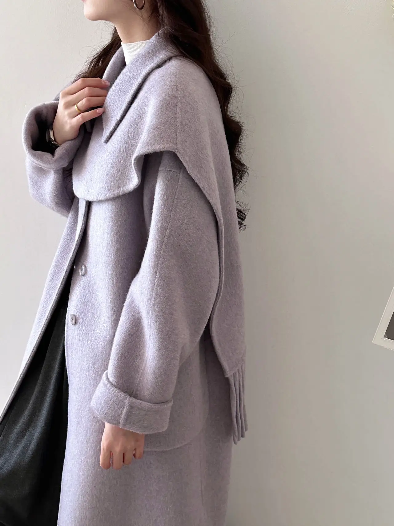 Korean Fringe Tassel Shawl Scarf Double Face Wool Coat Women Long Thick Warm Woolen Outerwear Office Commute Luxury Hand Sewn