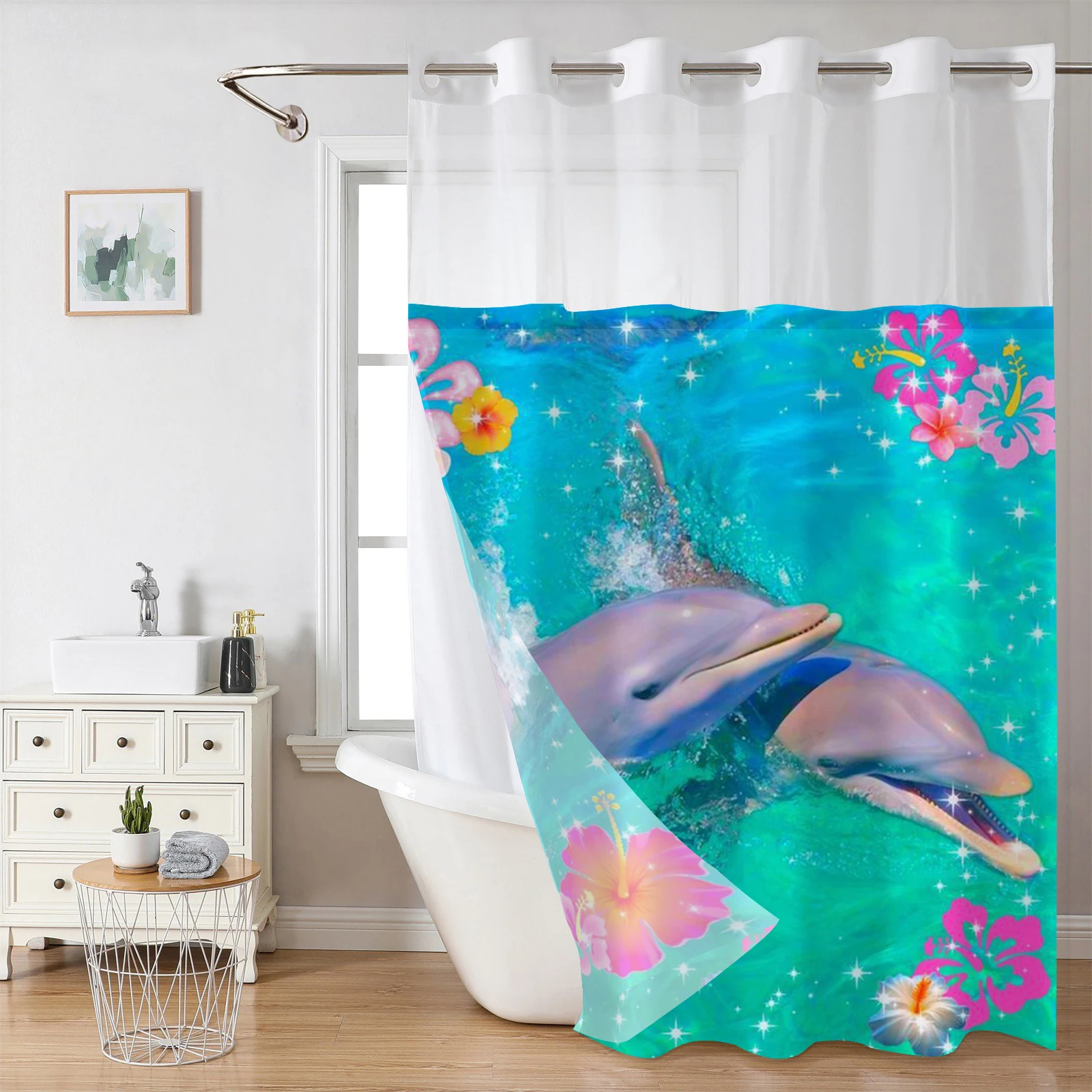 

No Hook sew world pattern Shower Curtain With Snap-in Fabric Liner, Sheer Top Window, Waterproof Double Layer Bathtub curtain