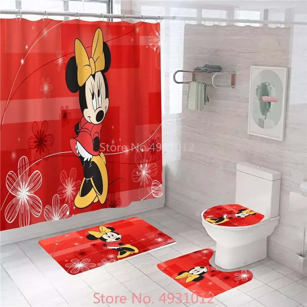 Disney Red Mickey Minnie Mouse Love Bath Shower Curtain Set 4pcs with Hooks Cartoon Decor Bathroom Toilet Mat Lid