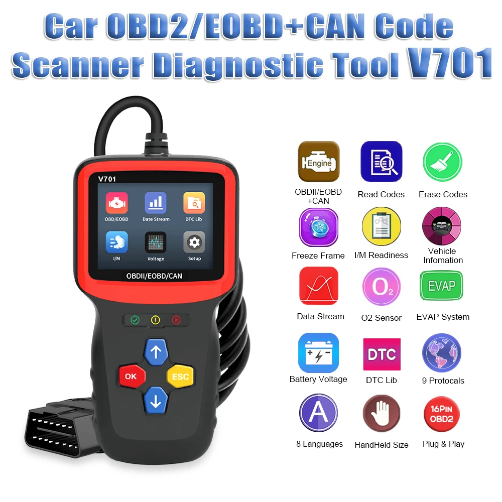 OBD2 Auto V701 Full System Code Reader Scanner OBDII/EOBD Code Reader OBD Car Diagnostic Tools