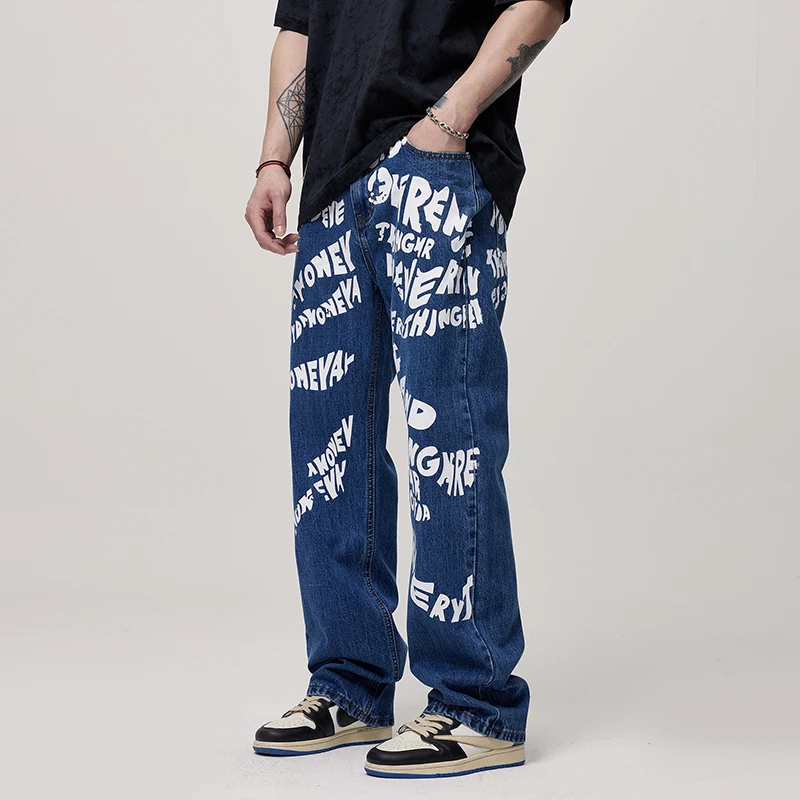 2024 Hip Hop Pants Men\'s Street Casual Handsome European and American Fashion Brand Retro Washed Letter Printed Loose Jeans