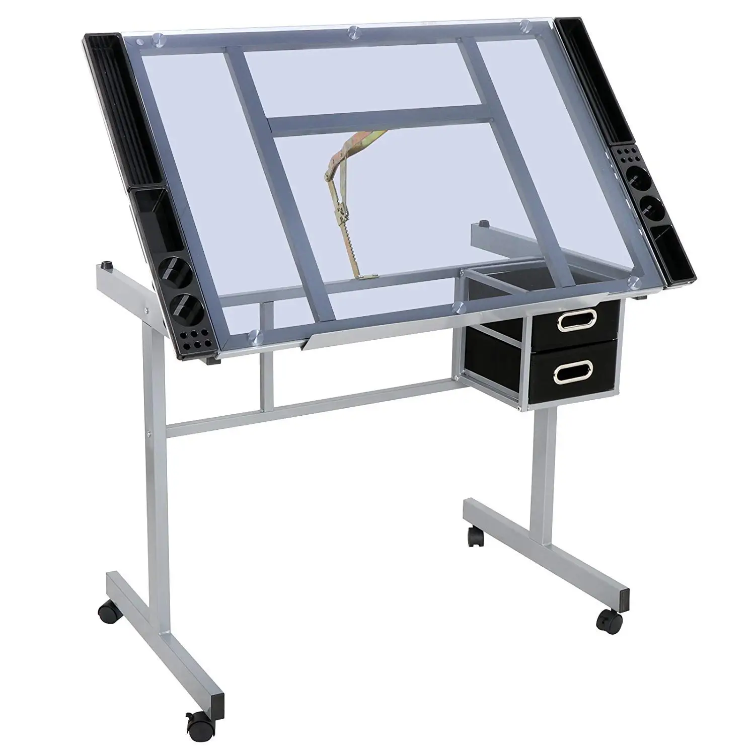 Adjustable Drafting Table Ding Desk Art Craft Station Drafting Desk Glass Tabletop w/2 Slide Ders and Wheels for Ding