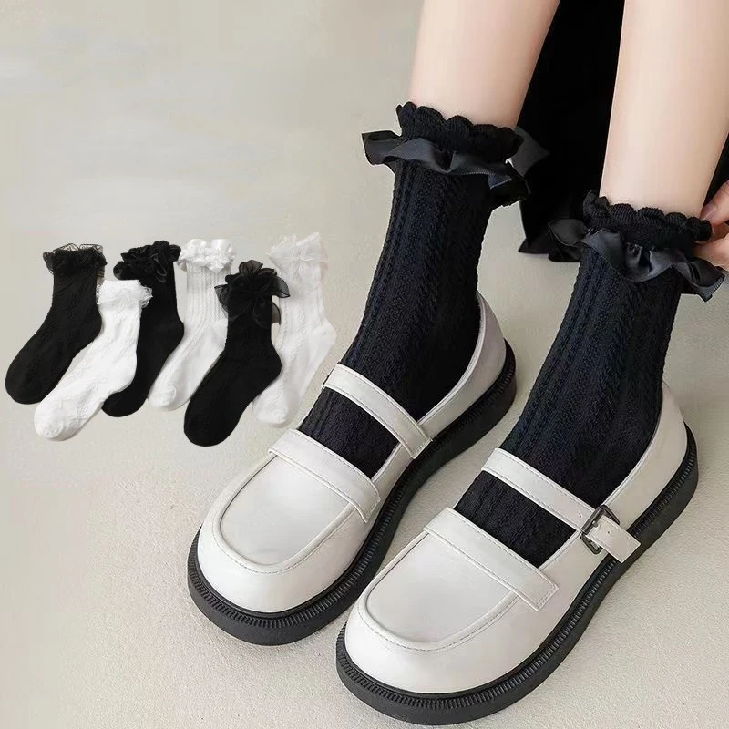 Middle School Students Black And White Pure Color Lace Bowknot Middle Tube Socks Girls Princess Style Sweet And Cute Socks