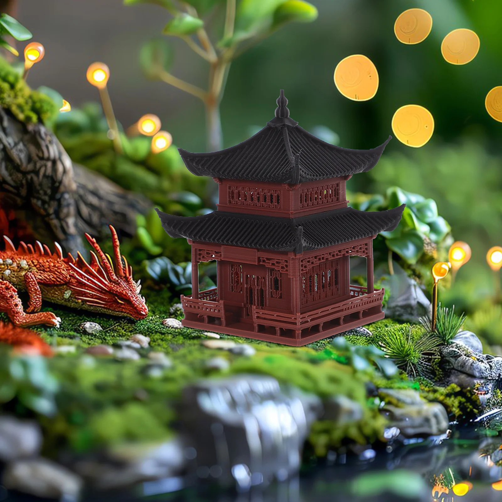 

Delicate Mini Pavilion Chinese Style Micro Landscape Sculpture Fish Tank Ornament Desktop Garden Decoration Plastic Statues Home