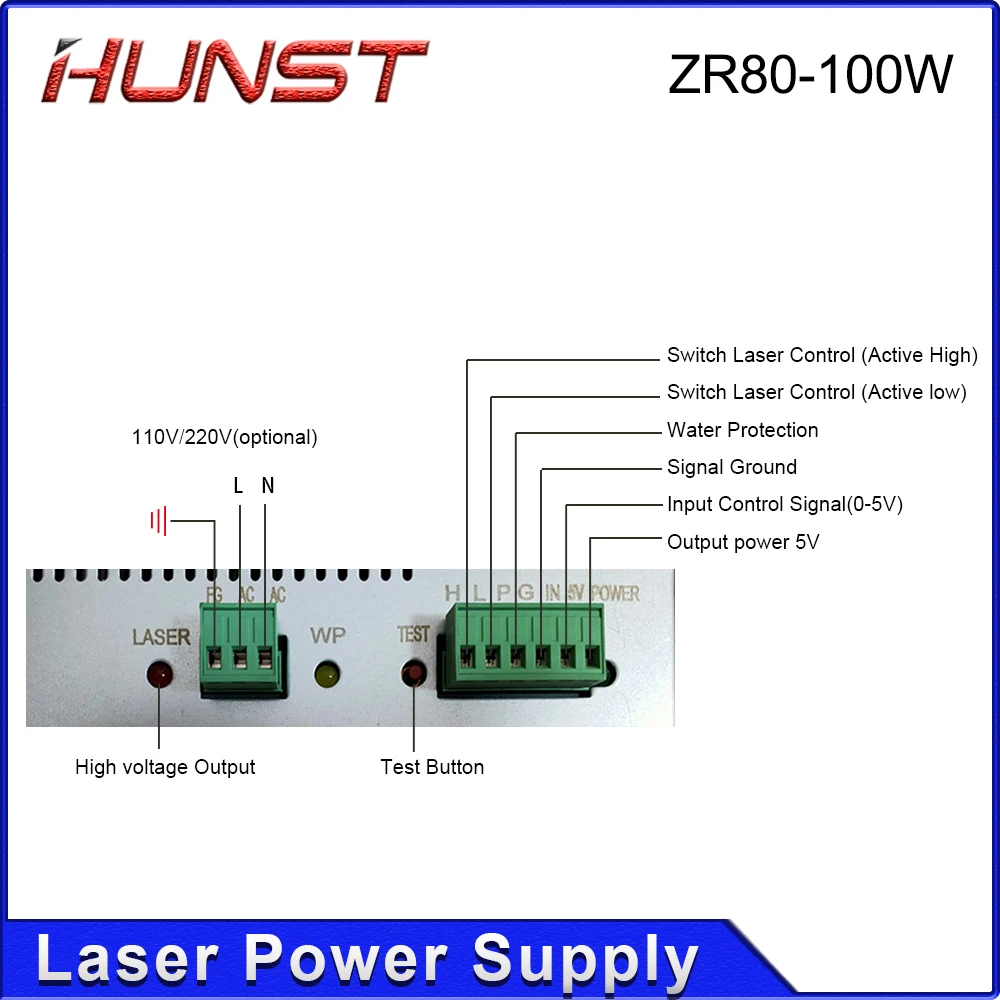 HUNST ZR80 ~ 100W مصدر طاقة الليزر لآلة النقش والقطع بالليزر الزجاجي Co2 80W-100W ضمان لمدة عامين.