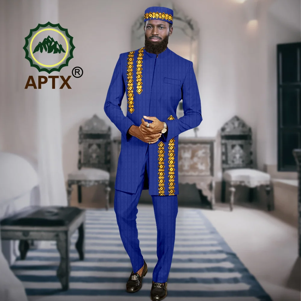 African Clothes for Men Fashion Suits Business Bazin Attire Dashiki Ankara Jacket Pants Hat 3 Pcs Set Wedding Party A2316069