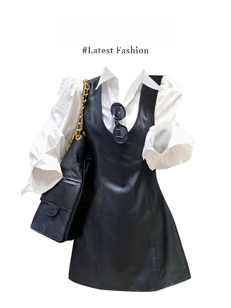 

White Collar Long Sleeve Shirt And Short Skirt Two Piece Set Breathable Moderate Thickness Autumn Fashion for Women