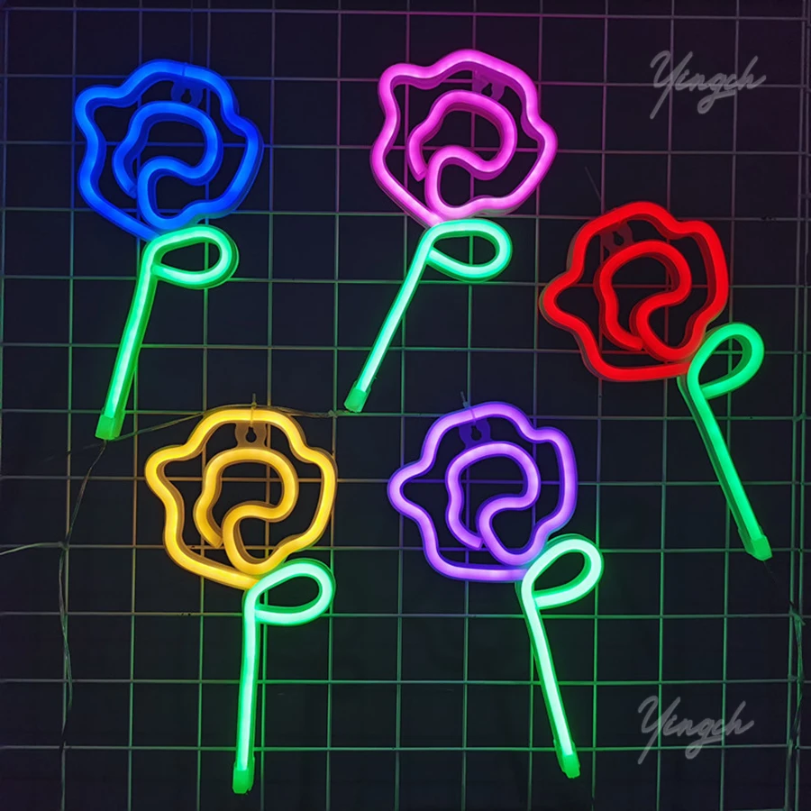 Rose Sign Neon Light LED Flower Figure Modeing Lamp Nightlight Wall Art Pendant Ornaments Decor Room Shop Confession Holiday