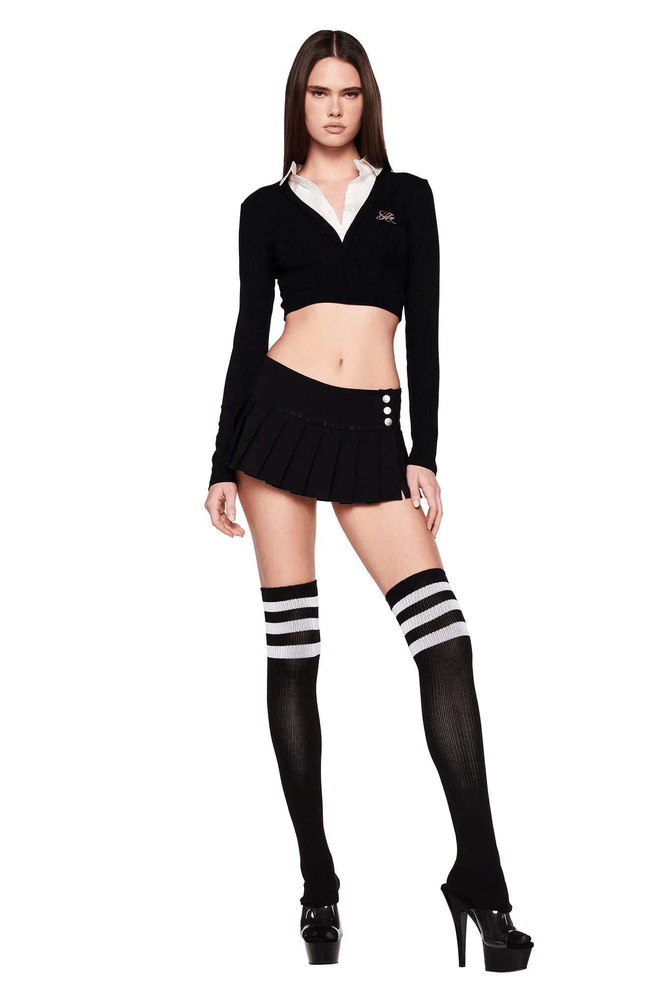 

IIA American Retro College Bla ort Sweater Fake Two-Piece irt V-ne Spicy Girl Slim Long Sve Top Street Sle Wool ...