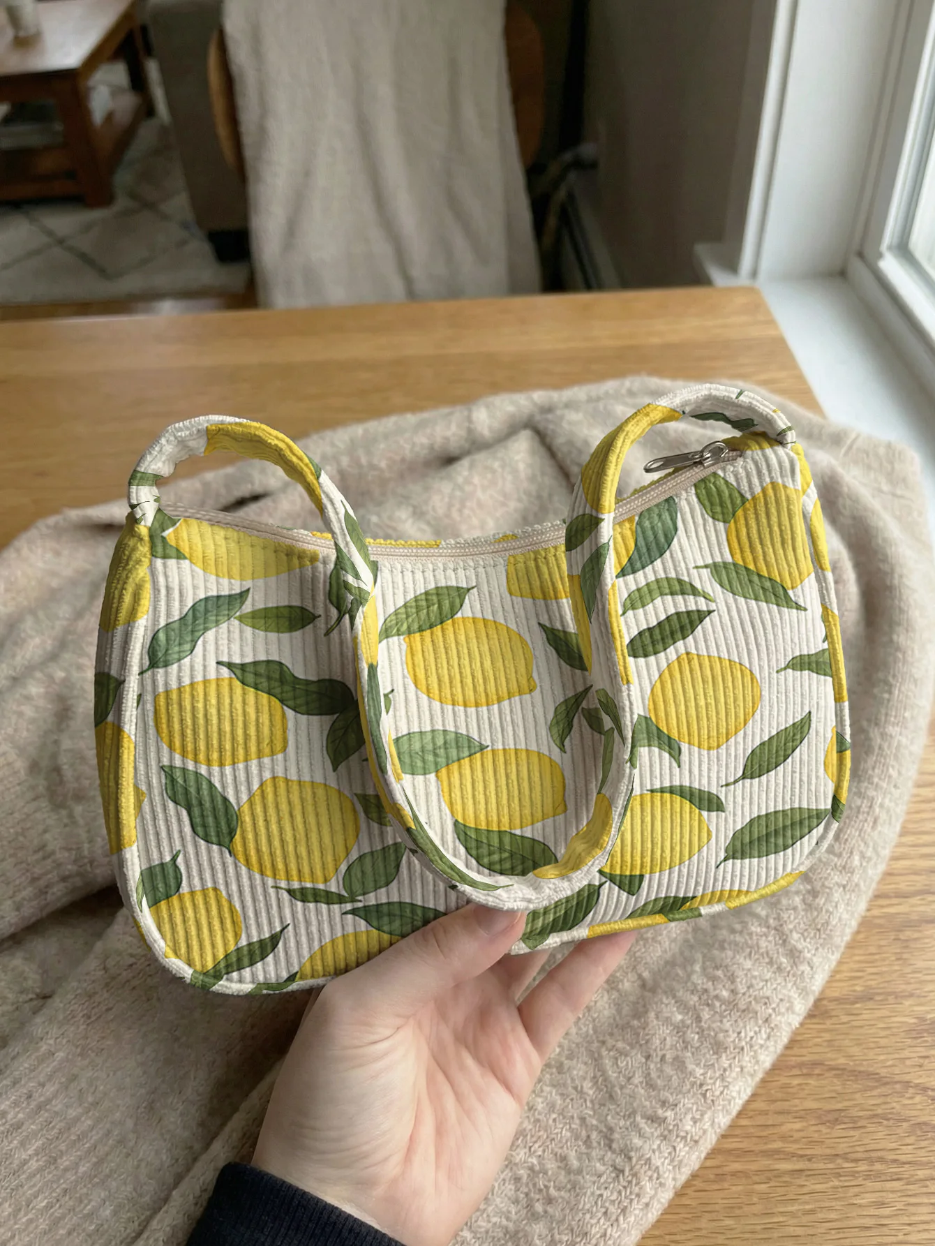 Trendy Lemon Print Shoulder Bag, Corduroy Underarm Bag for Daily Casual Use