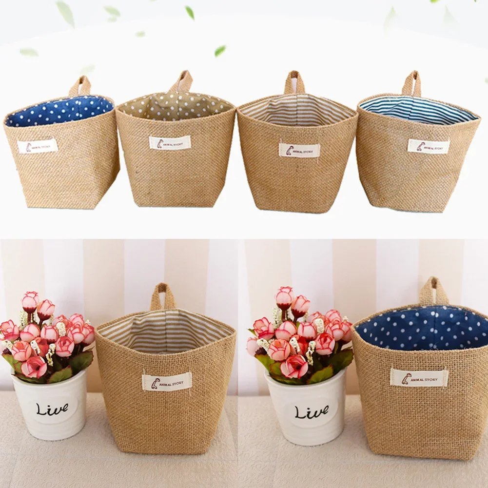 Home Decor Hanging Pocket Storage Basket Small Sack Sundries Cosmetic Organizer Cotton Linen Bag Jute Cotton Linen Sundries