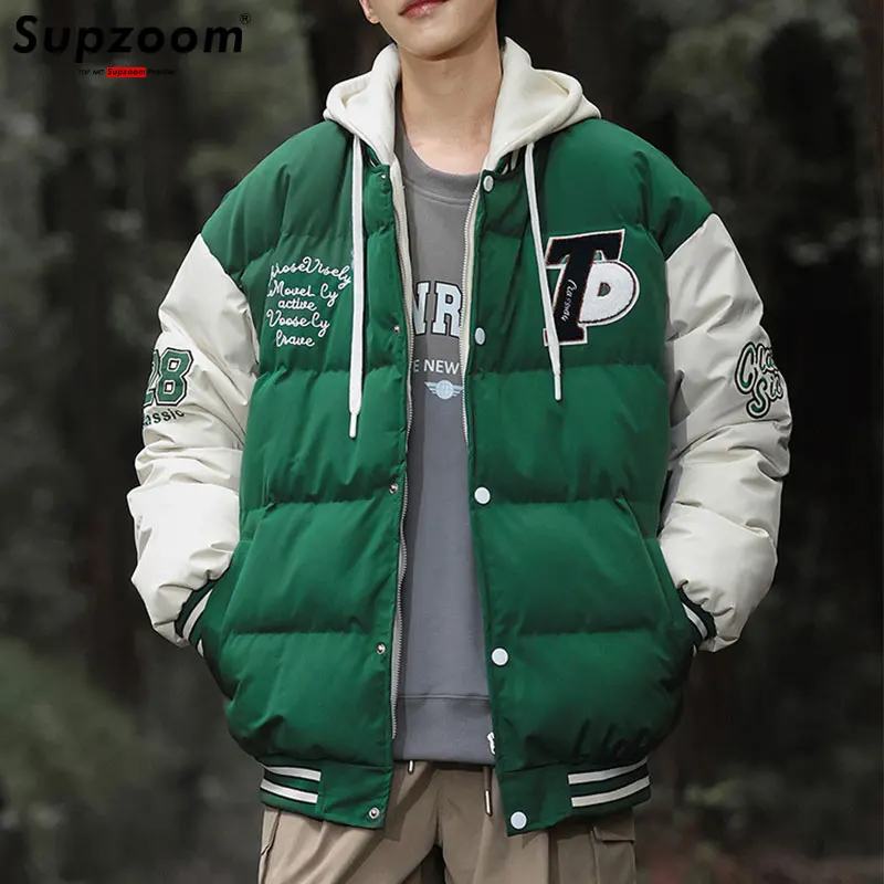 

Supzoom New Arrival Casual Embroidery Mens Winter Trendy Fake Two-piece Hooded Bread Suit Couple Cotton-padded Jackets And Coats