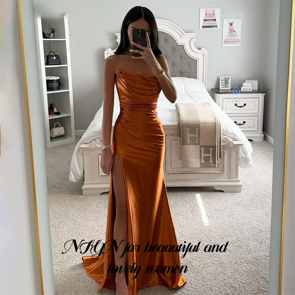 

RFYR Orange Prom Dress Strapless Evening Dress with Pleats Stain Mermaid Party Dress High Side Split Robe De Soirée Customized