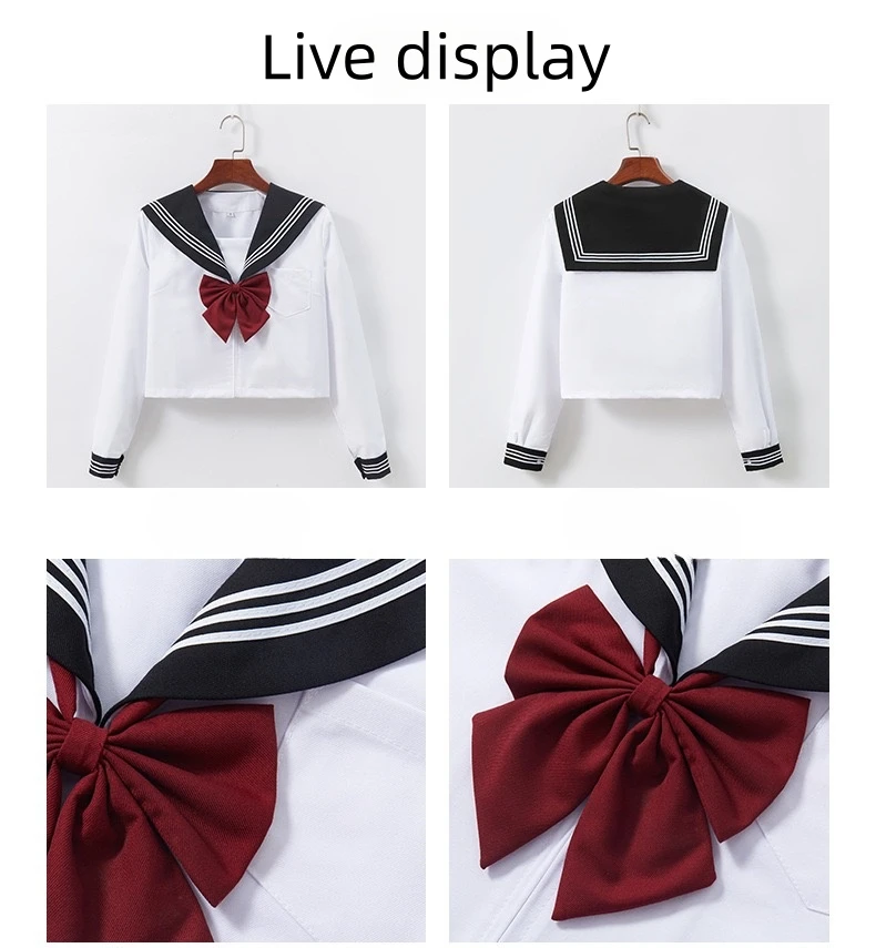 Japanische Schuluniform, süßer Mädchen-JK-Anzug, schwarzer Kragen, weißer dreiteiliger Anzug, Campus-Matrosenanzug, Schleife, langärmeliger Anzug, Uniform – Detail 4