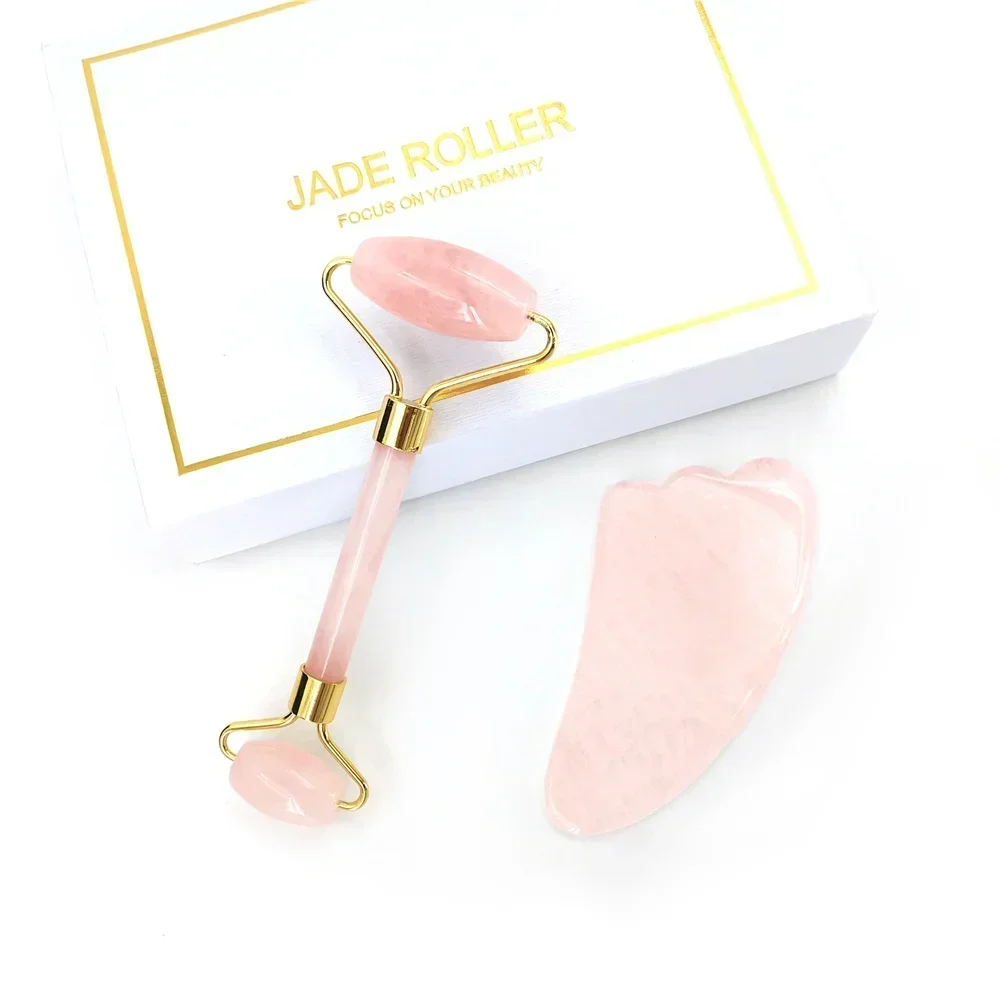 Rodillo de Jade de cuarzo rosa Natural, conjunto Gua Sha, rodillo masajeador corporal Facial, juego de masaje de piedra de Jade, herramienta de masaje de belleza para estiramiento Facial