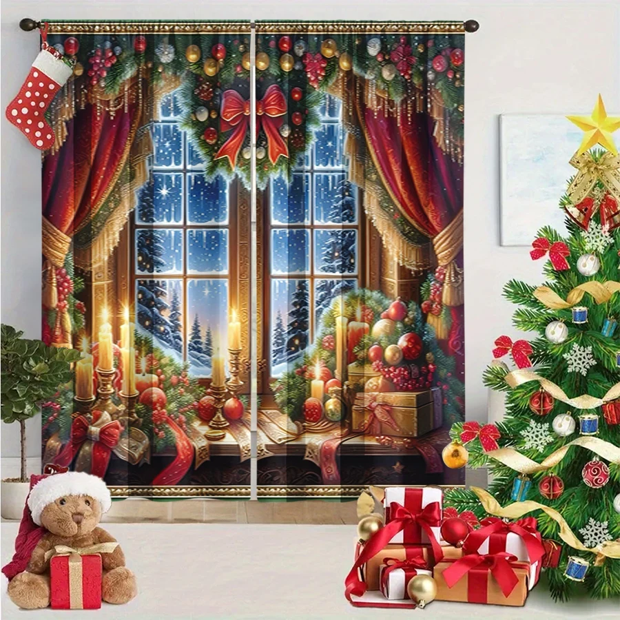 2PCS Digital Print Curtain, Ornate Christmas Window with Red Curtains Candles and Gifts, Pine Garland Snow View for Window Decor