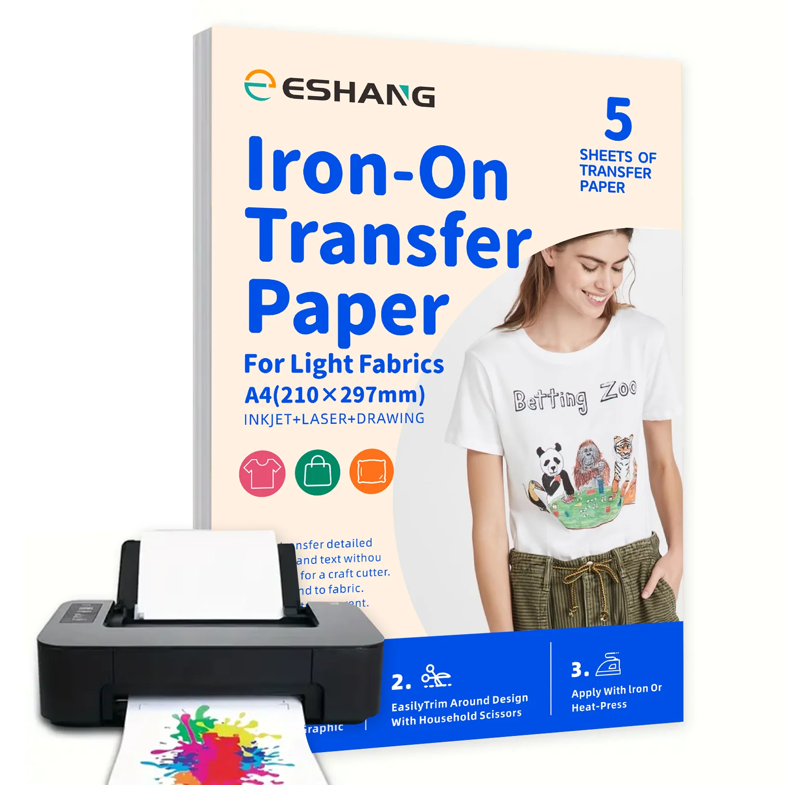 5 Sheets Iron-On Heat Transfer Paper for Light Fabric A4 Size Inkjet & Laser Printing & Drawing DIY T-shirts 8.3×11.7 Inch